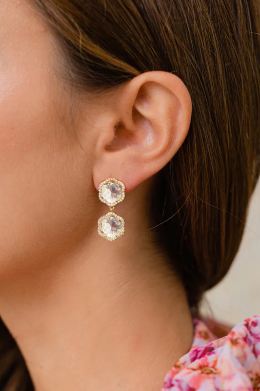Asha Crystal Flower Drop Earring, 14k vermeil pave crystal flower drop with faceted rock crystal