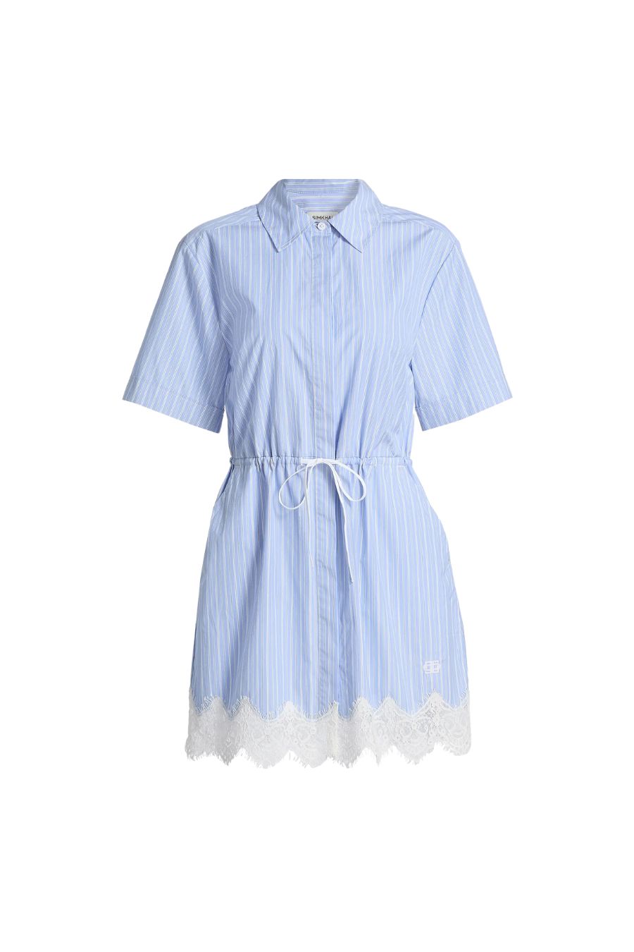 simkhai blue mini dress SIMKHAI Women's Contrast Lace-Trim Poplin Mini-Shirtdress - Oxford Blue Stripe