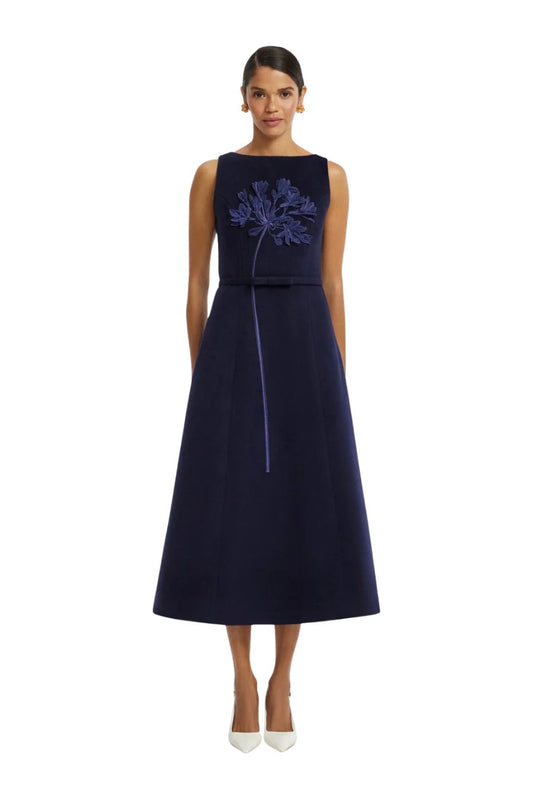 Cleo Appliqué Wool Sleeveless Midi Dress in Midnight