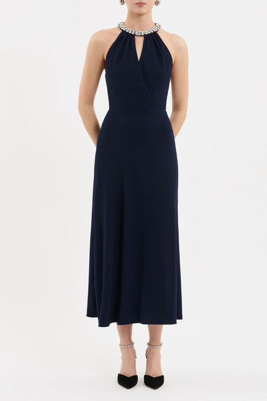 Gimlet Halter Midi Dress in Navy