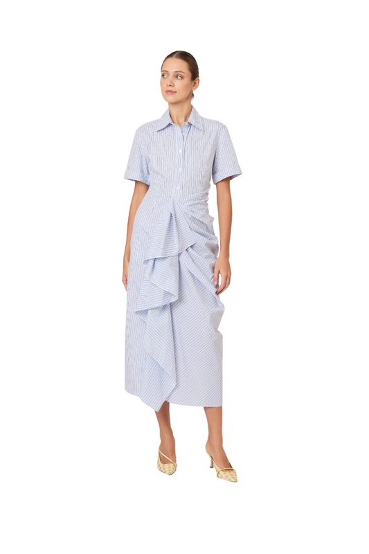 Gathered Ruffle Shirt Dress in Blue Stripe