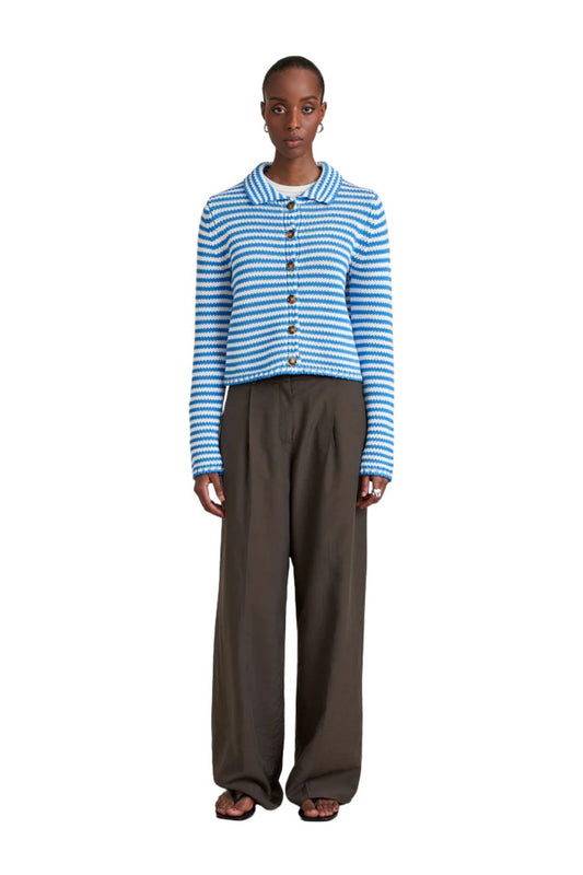 Mini Marina Fine Stripe Cardigan in Cerulean/Ivory