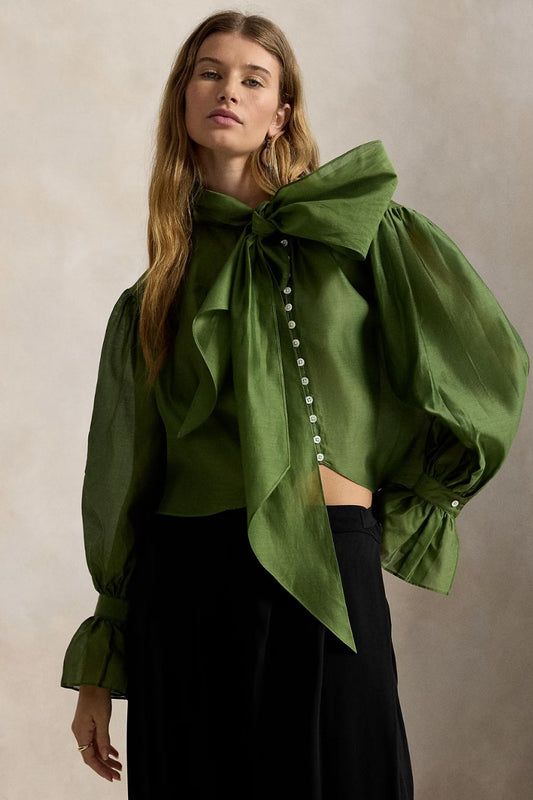 Tie-Bow Organdy Shirt in Green