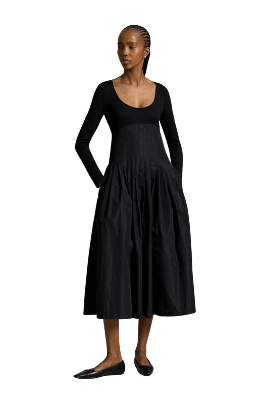 Pleated Empire Dress in Polo Black