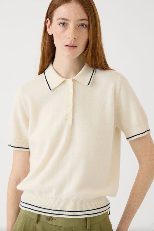 Elyse Cashmere Polo Top in Ivory/Navy