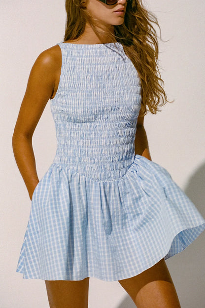 Martina Mini Dress in Check Light Blue/White