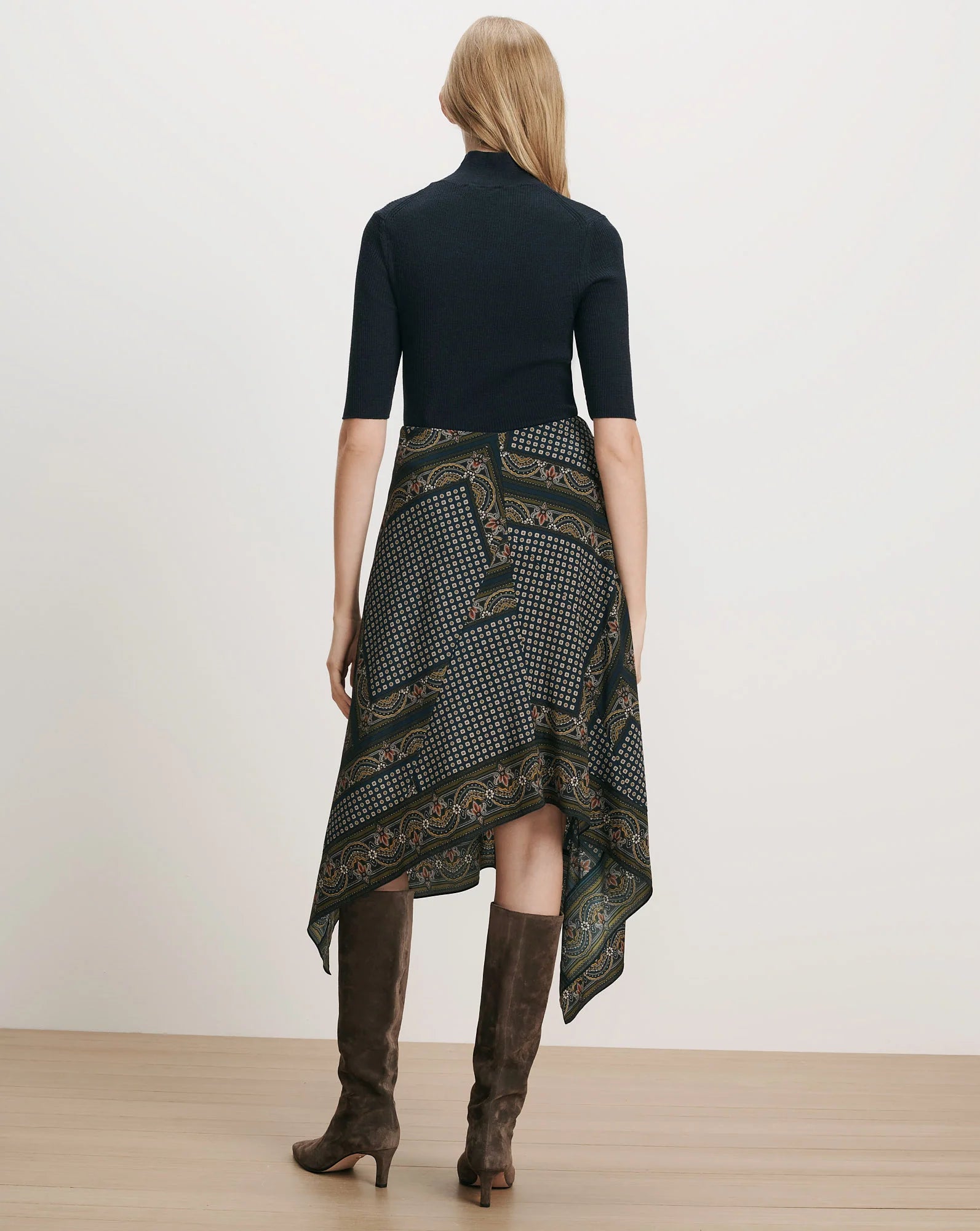 Hartley Asymmetric Midi Skirt in Heritage Navy Multi