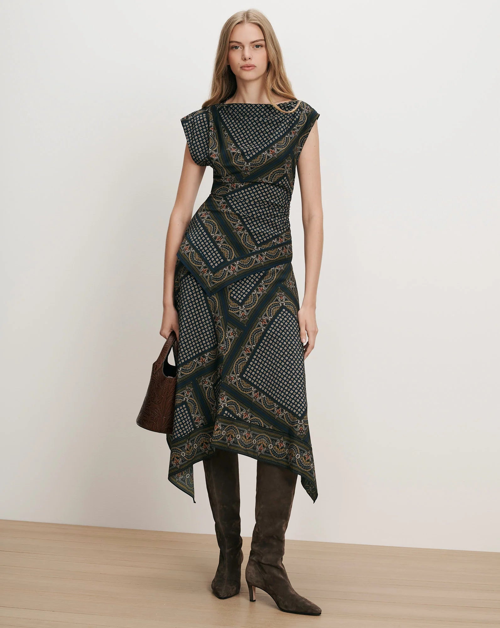 Hartley Asymmetric Midi Skirt in Heritage Navy Multi
