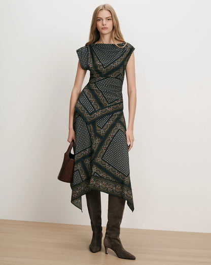 Hartley Asymmetric Midi Skirt in Heritage Navy Multi