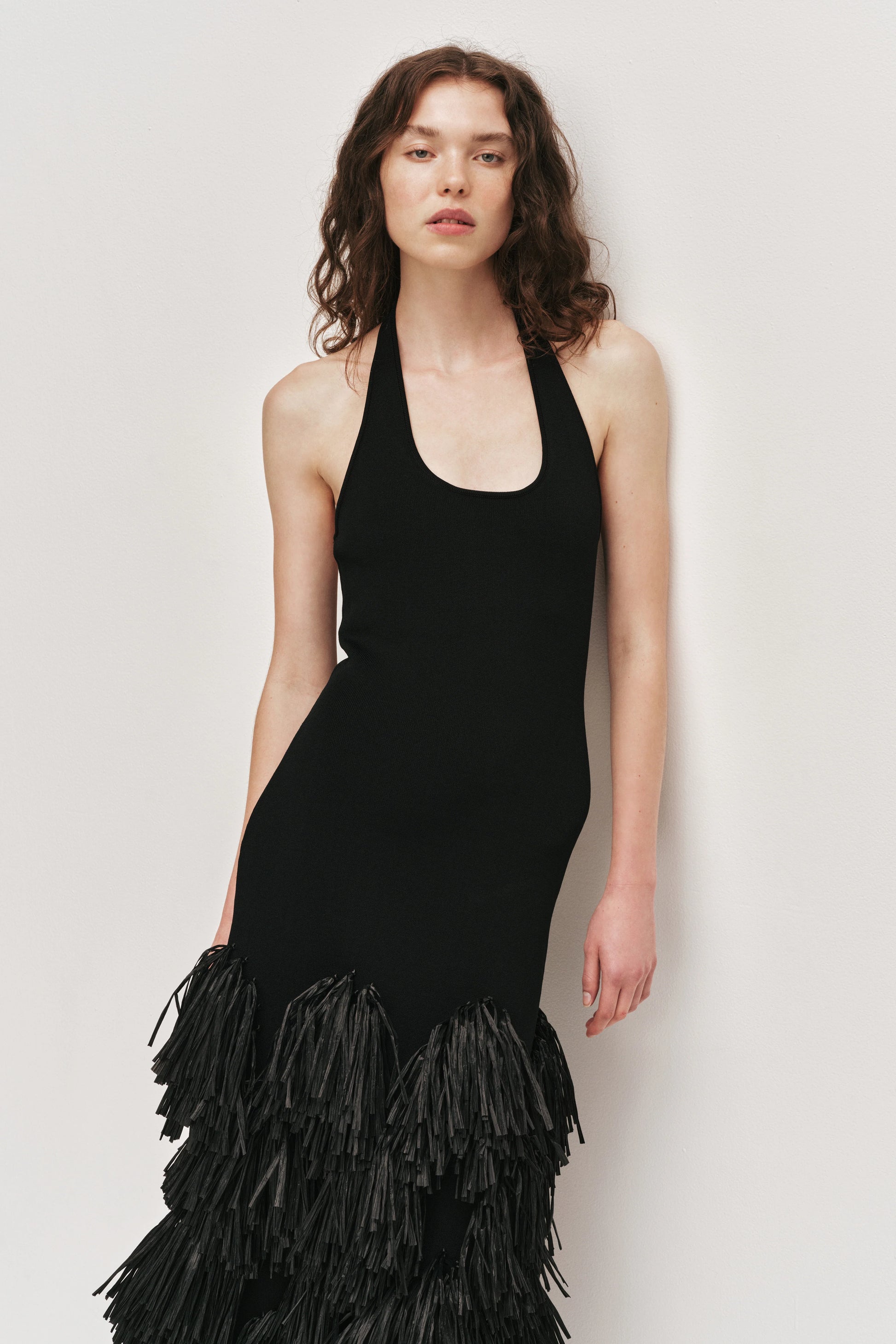 Aje Elva Raffia Knit Midi Dress in Black