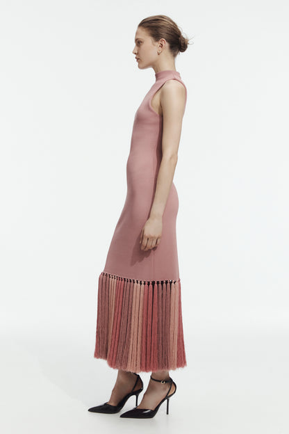 Sofina Knit Tassel Midi Dress in Dusty Rose