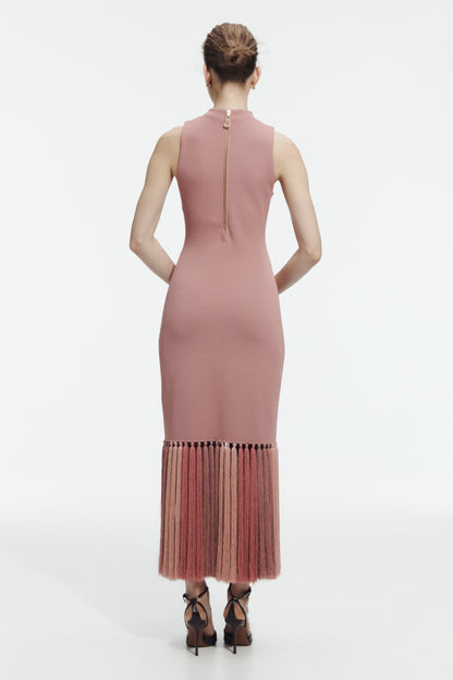 Sofina Knit Tassel Midi Dress in Dusty Rose