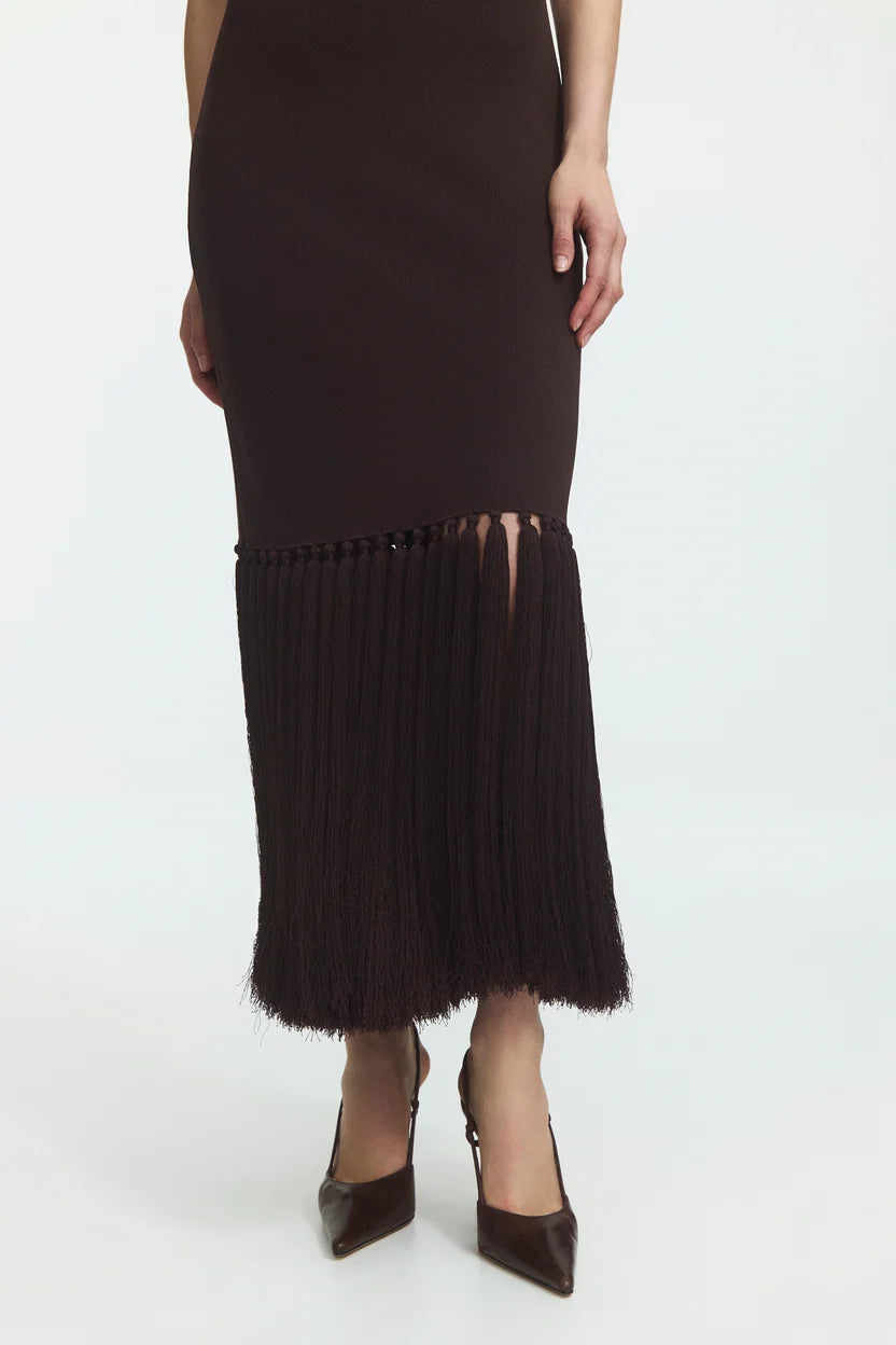 Sofina Knit Tassel Midi Dress in Chocolate