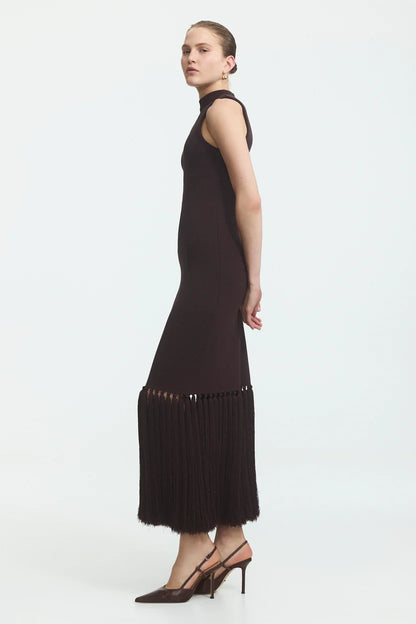 Sofina Knit Tassel Midi Dress in Chocolate