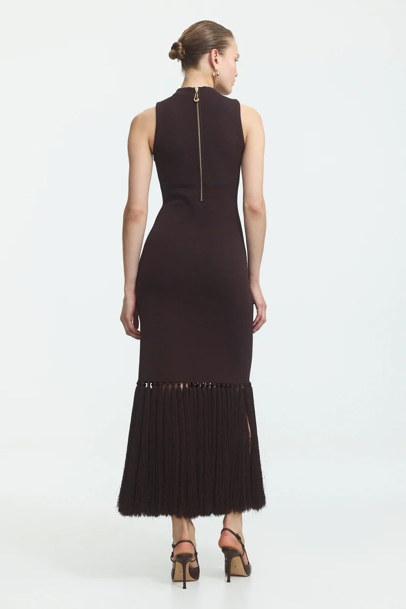 Sofina Knit Tassel Midi Dress in Chocolate