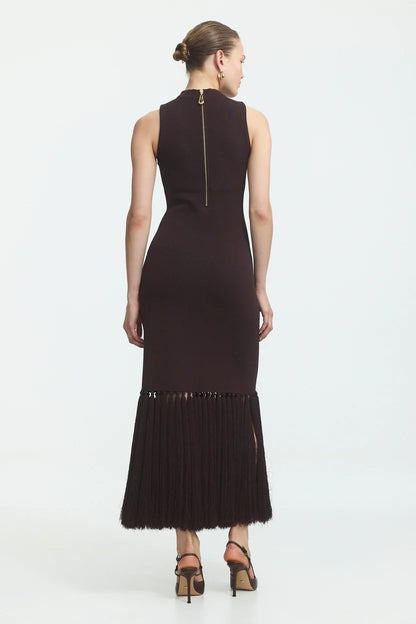 Sofina Knit Tassel Midi Dress in Chocolate