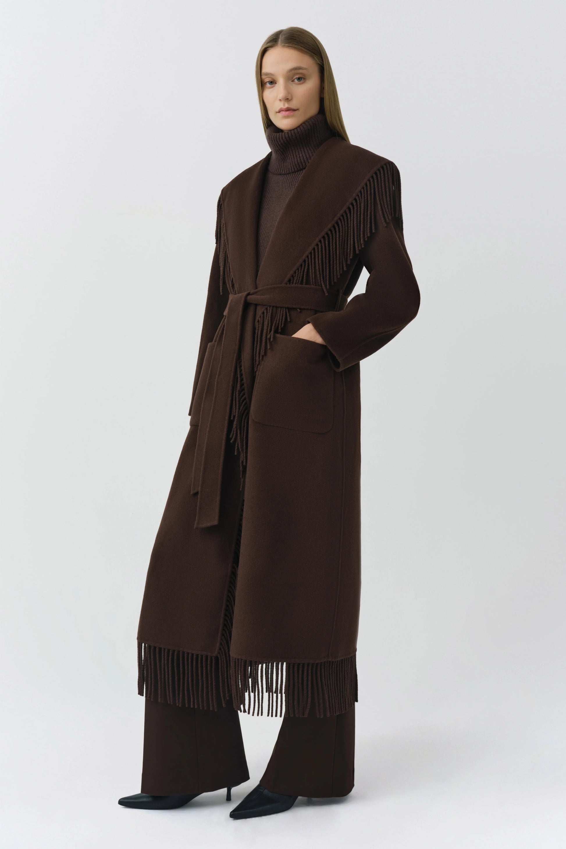 Carrie Fringe Coat in Chocolate