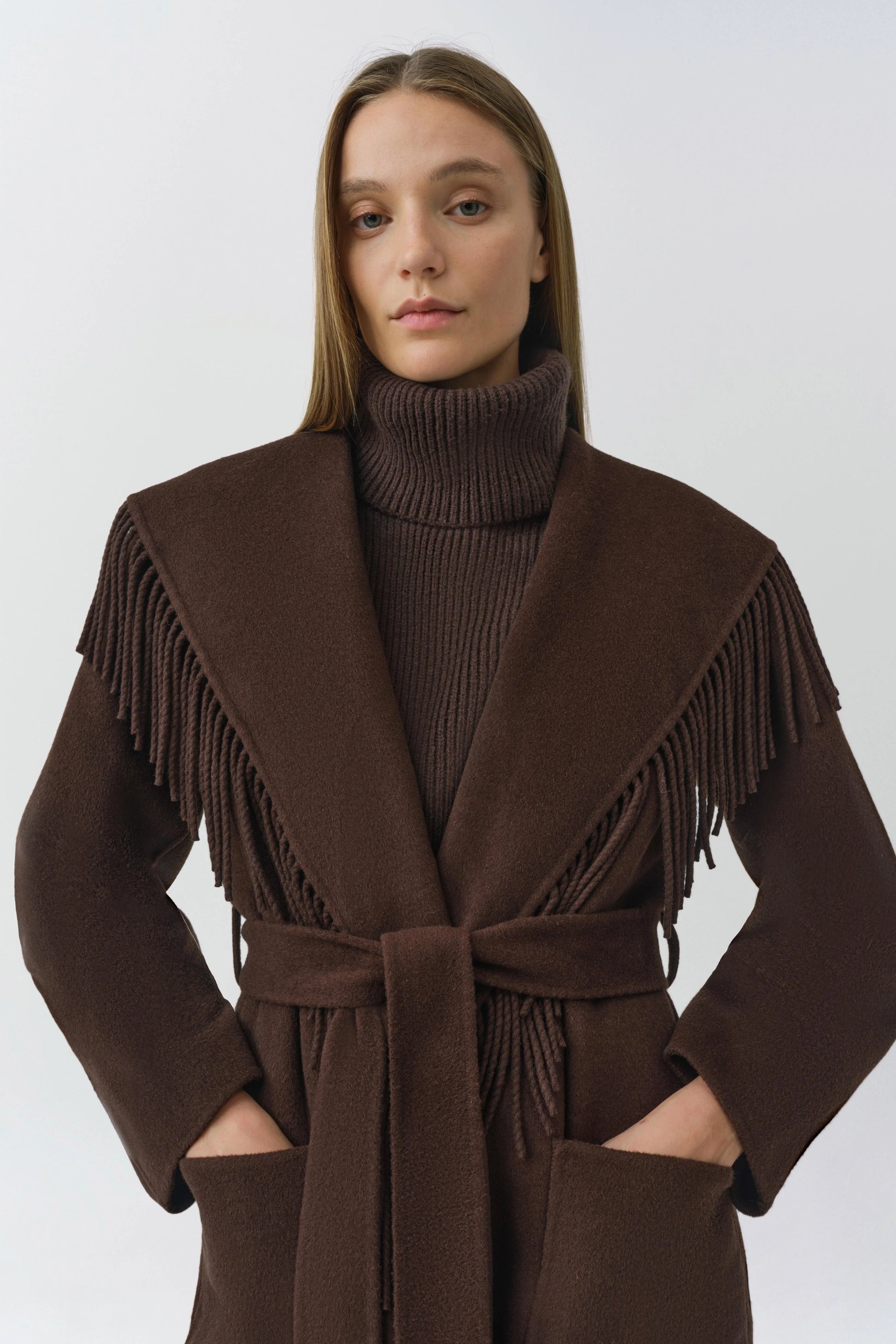 Carrie Fringe Coat in Chocolate