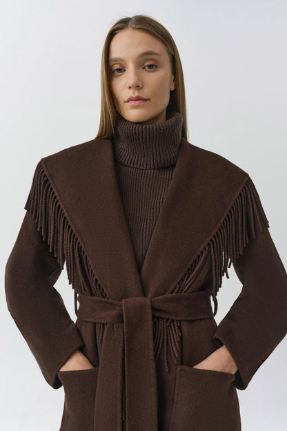 Carrie Fringe Coat in Chocolate