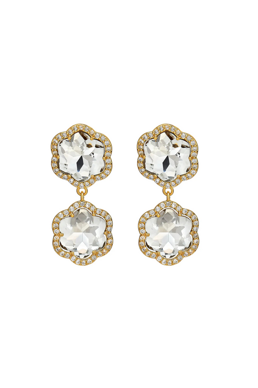 Asha Crystal Flower Drop Earring, 14k vermeil pave crystal flower drop with faceted rock crystal