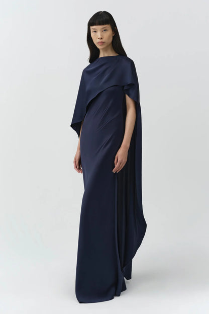 Izel Satin Cape Gown in Midnight