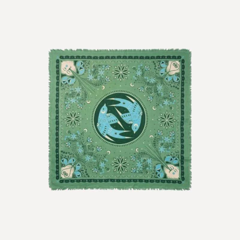 Green printed scarf with rabbit and moon motif
