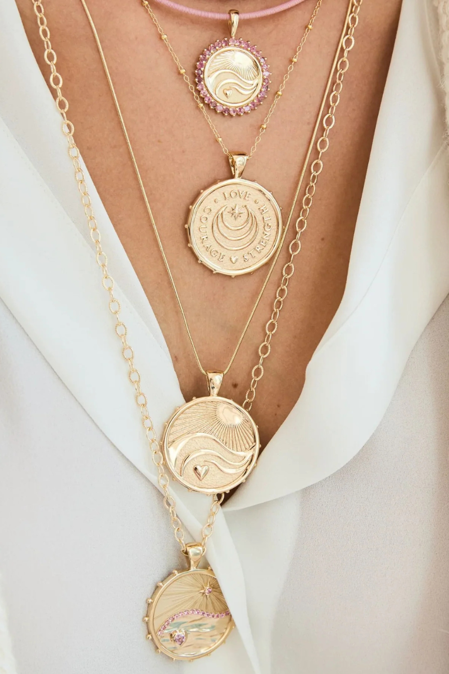 Love - Courage - Strength Petite Embellished Coin Necklace