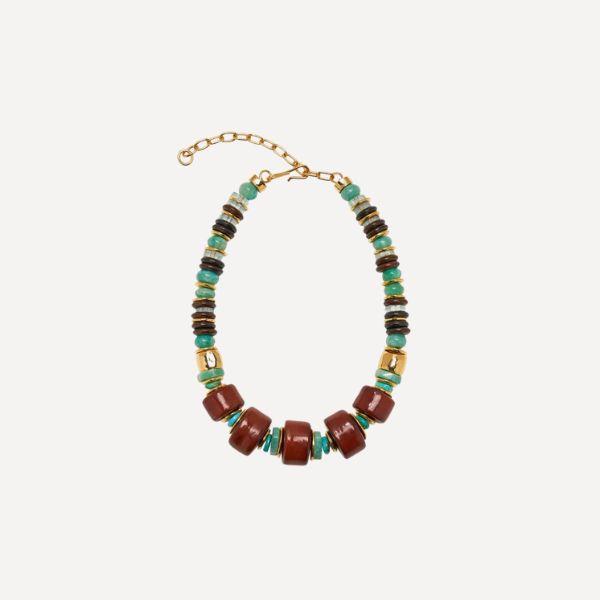 Layered gold necklace with turquoise and amber beads