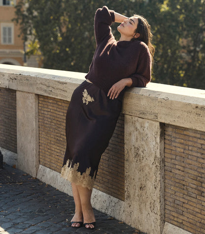Elowen Skirt in Equestrian Brown in Cream Lace