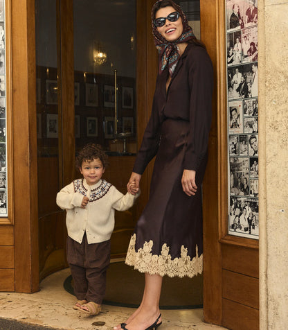 Elowen Skirt in Equestrian Brown in Cream Lace