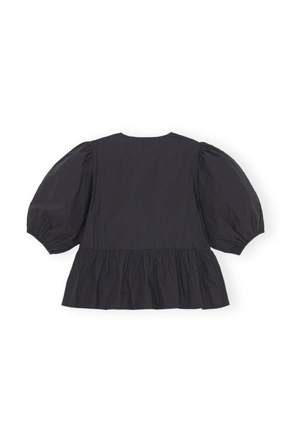 Cotton Poplin Peplum Tie Blouse in Black