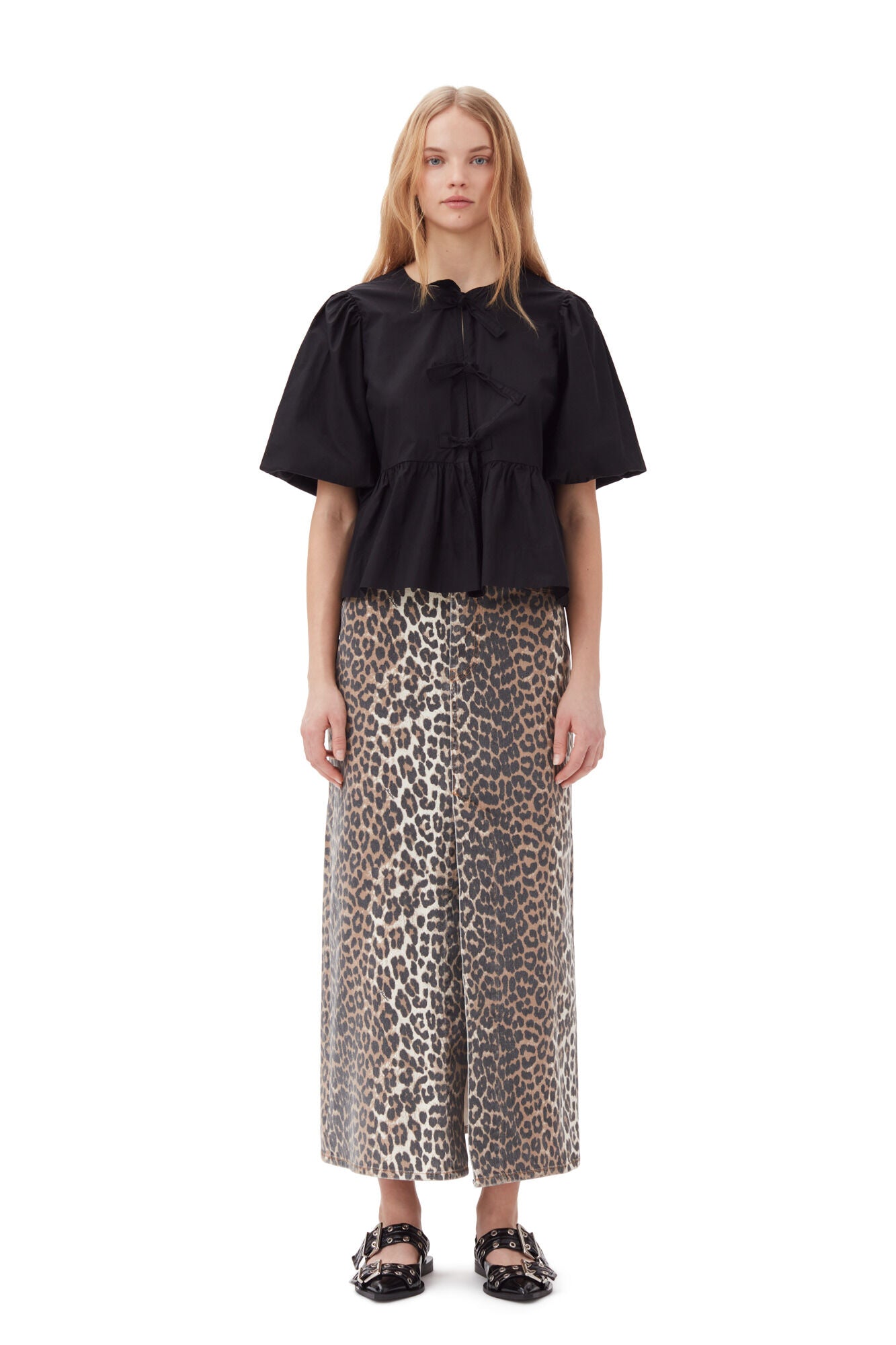 Cotton Poplin Peplum Tie Blouse in Black