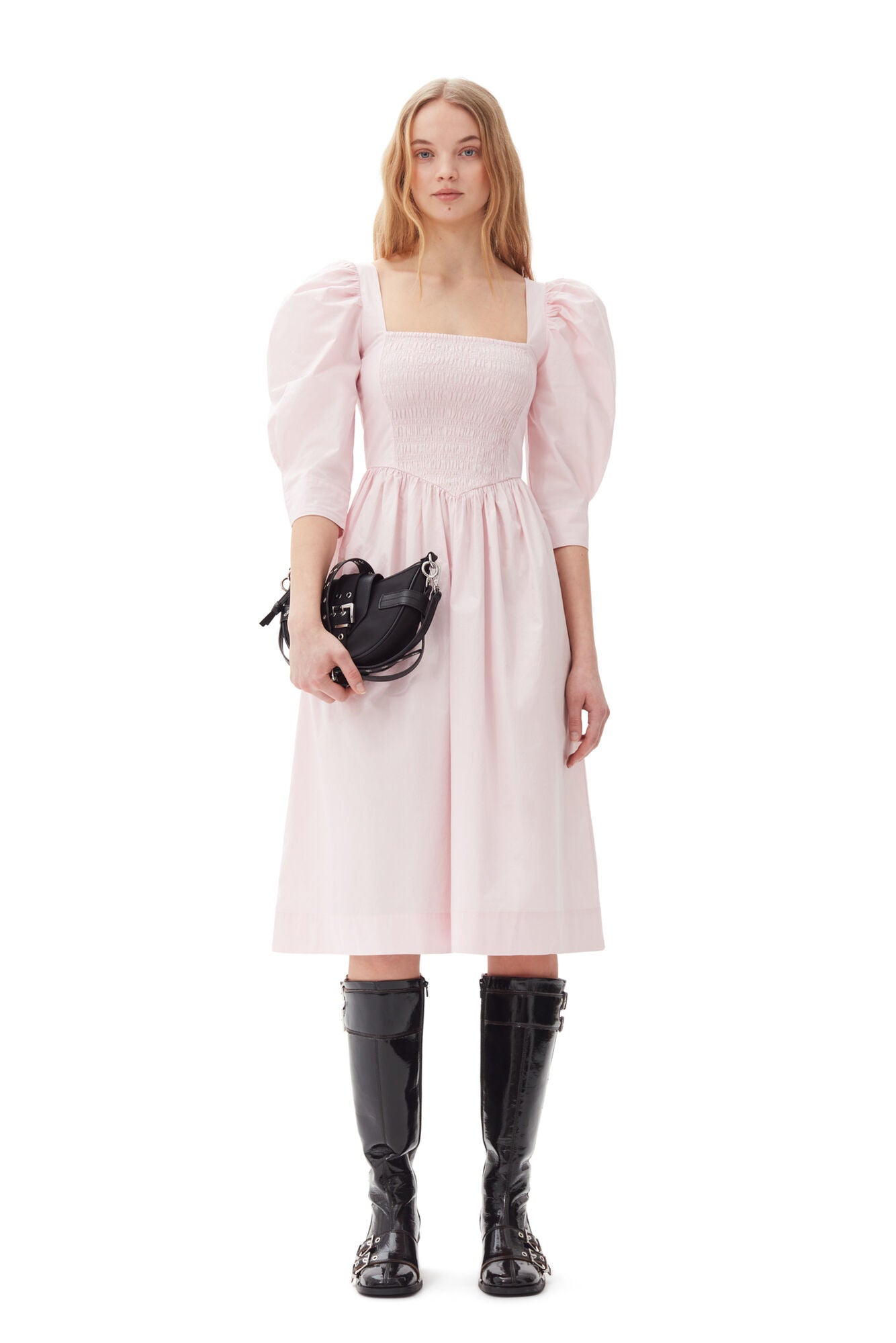 Pink Cotton Poplin Open Neck Smock Dress | GANNI