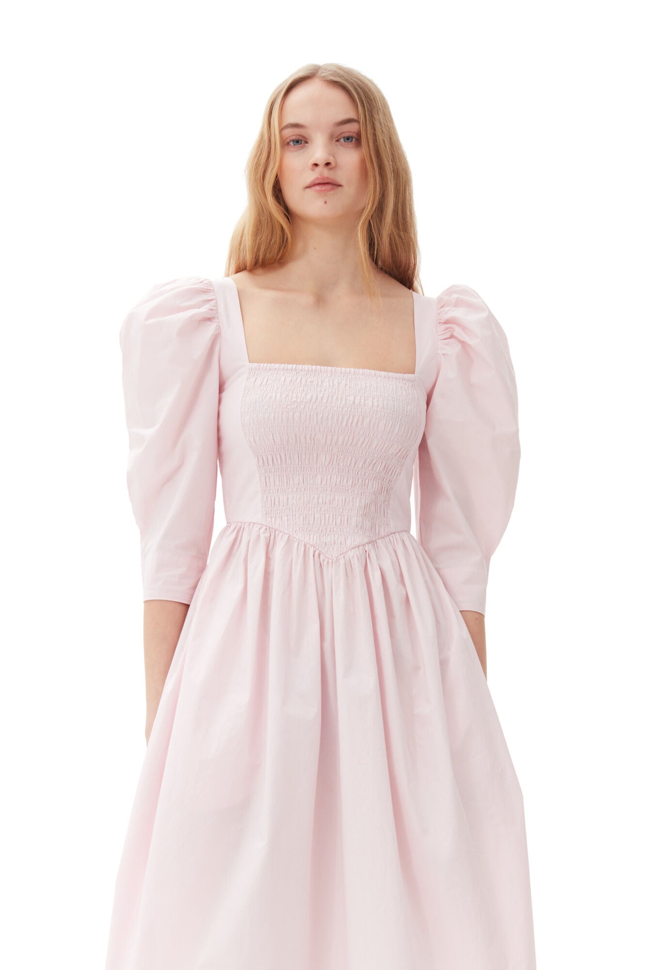 Pink Cotton Poplin Open Neck Smock Dress | GANNI