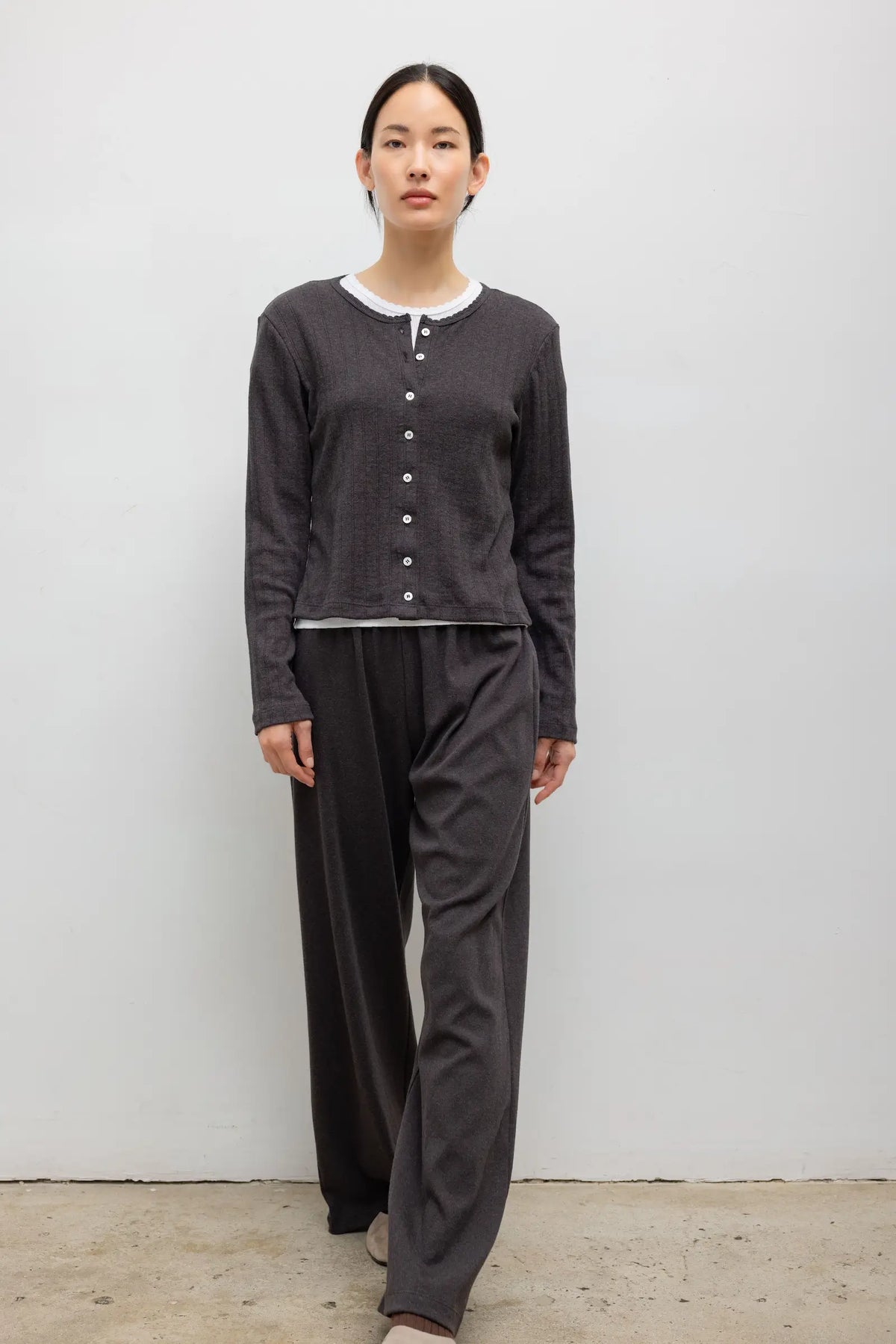 Pointelle Classic Cardigan in Hickory Melange