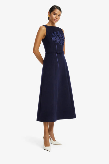 Cleo Appliqué Wool Sleeveless Midi Dress in Midnight by Leo Lin