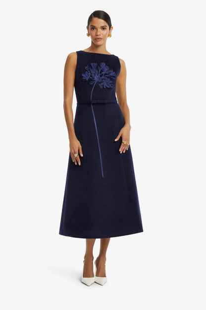 Cleo Appliqué Wool Sleeveless Midi Dress in Midnight by Leo Lin
