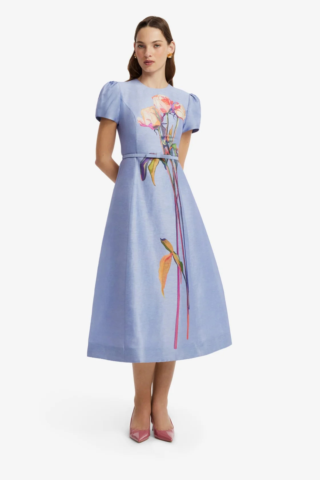 Marguerite Short Sleeve Midi Dress in Rose Periwinkle