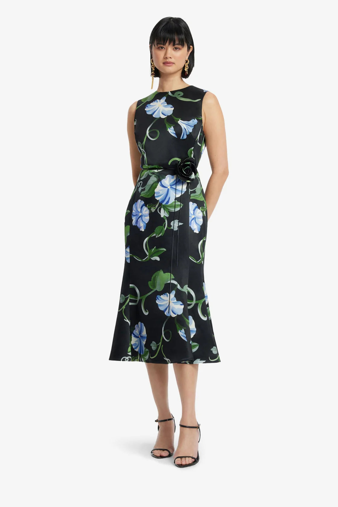 Olive Midi Dress in Vine Print in Ebony