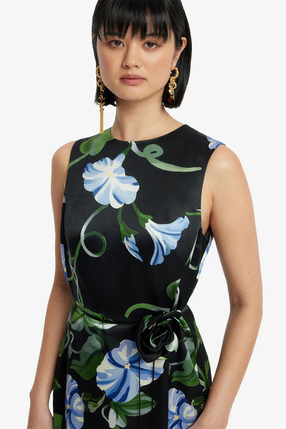 Olive Midi Dress in Vine Print in Ebony