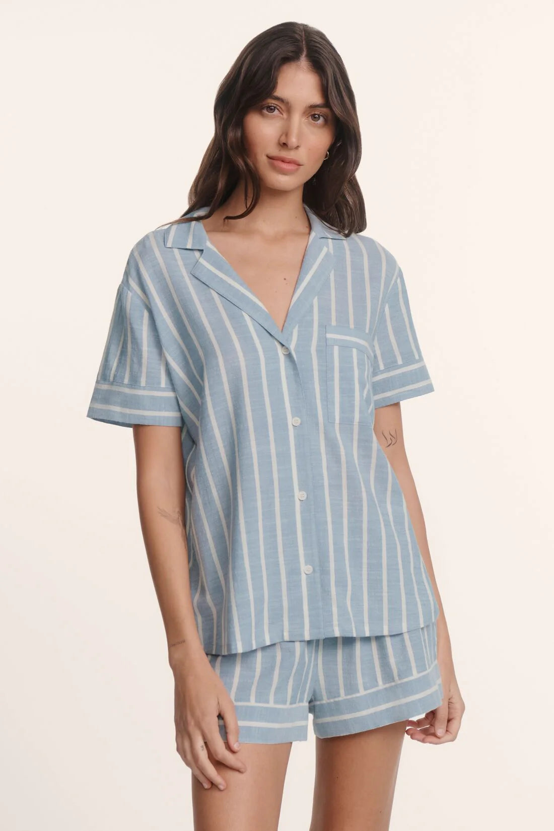 Nautico Shortie Short PJ Set in Classic Stripe Slate Blue/Ivory