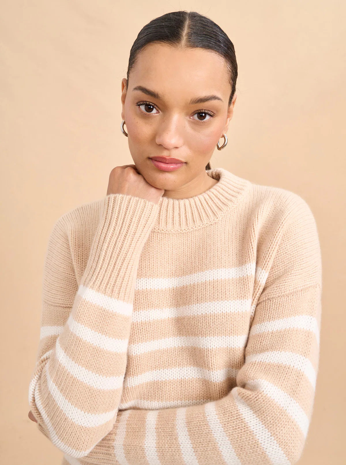 Marin Wool-Cashmere Striped Sweater in Camel/Cream