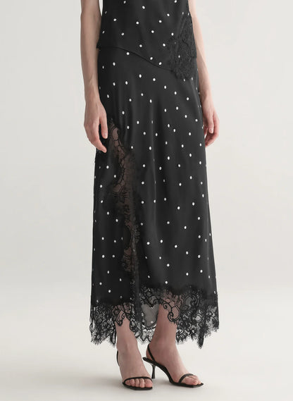 Olivia Polka Dot Crepe and Lace Midi Skirt in Black/Cream