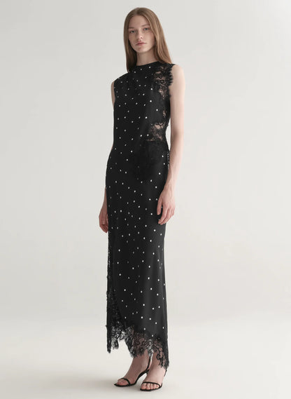 Olivia Polka Dot Crepe and Lace Midi Skirt in Black/Cream