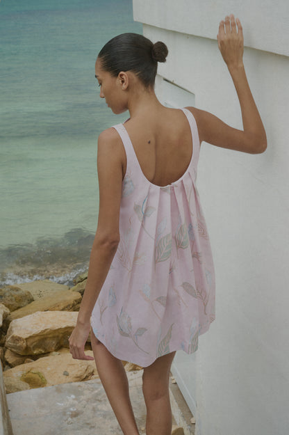 Pleated-Back Mini Dress in Rose Peach Lily