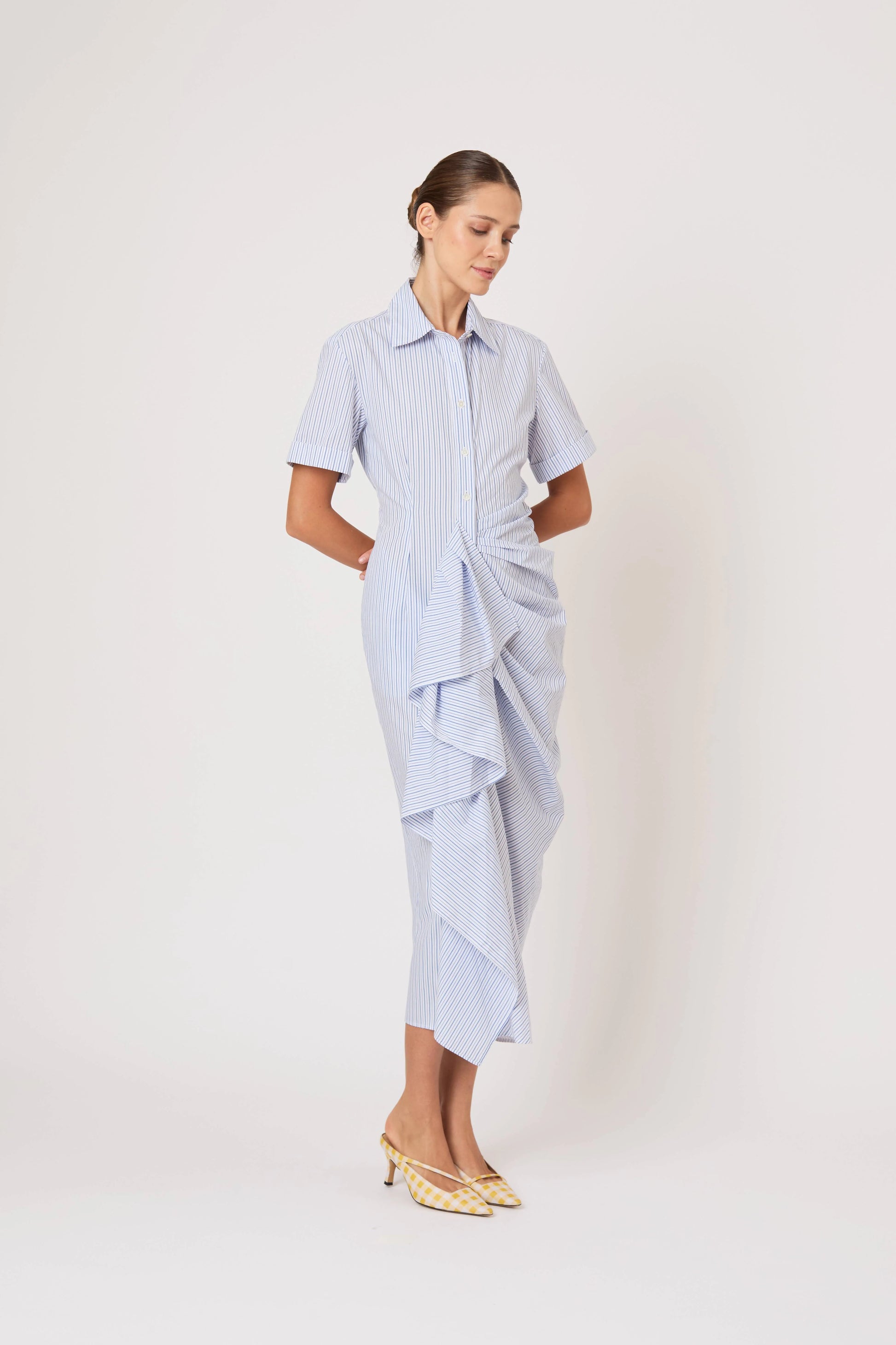 Gathered Ruffle Shirt Dress in Blue Stripe