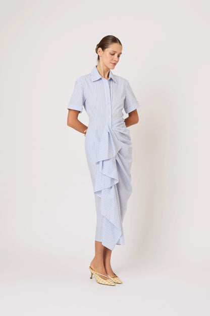 Gathered Ruffle Shirt Dress in Blue Stripe