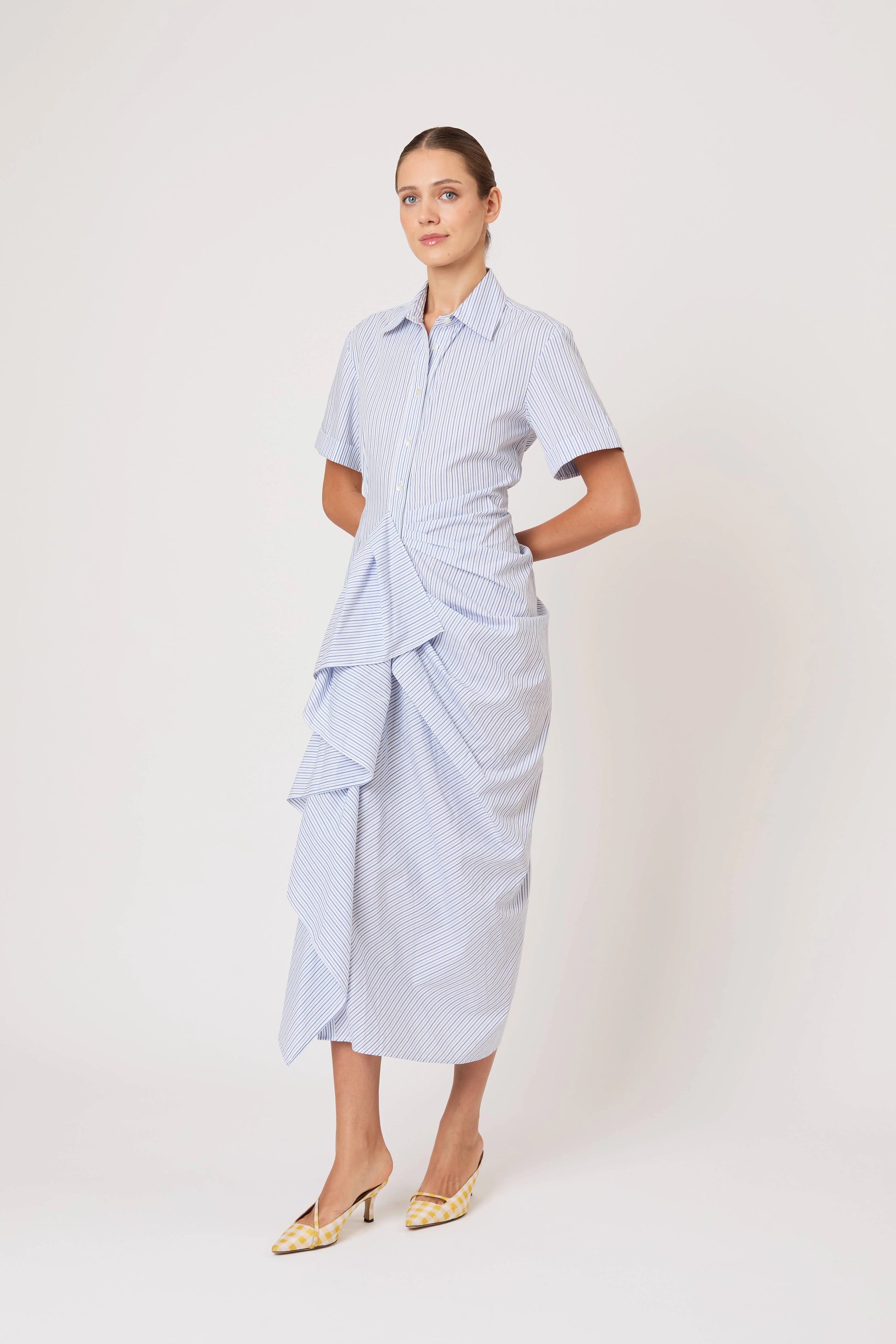 Gathered Ruffle Shirt Dress in Blue Stripe