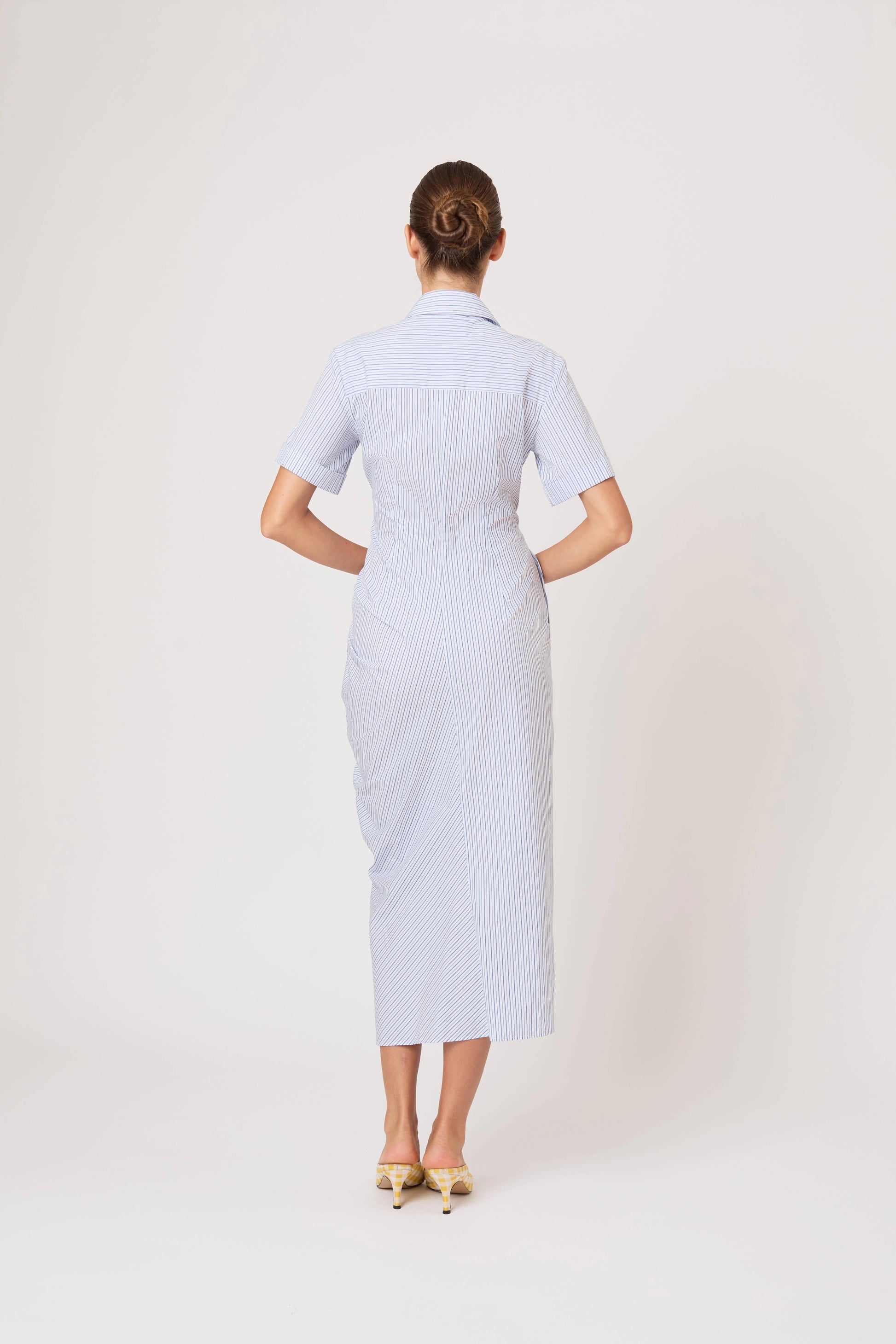 Gathered Ruffle Shirt Dress in Blue Stripe