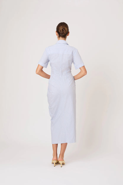 Gathered Ruffle Shirt Dress in Blue Stripe